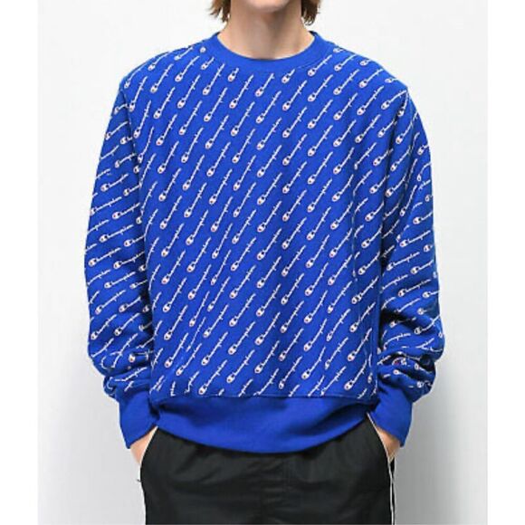 Champion Royal Blue Reverse Weave All Over Discount Crew Neck Sweatshirt sz M EU - Picture 1 of 7